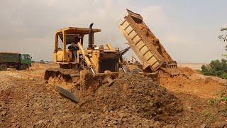 Amazing Bulldozer Heavy Pushing Dirt Filling Land and Dump Truck Unloading Dirt