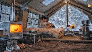 Camping in Heavy Snow with My Dog . 2-Room Inflatable Tent . Wood Stove ASMR