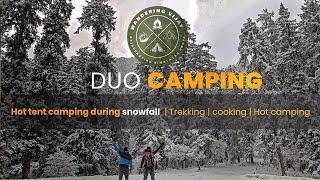 Duo camping in snow | outdoor hot tent camping | cooking food in snow.