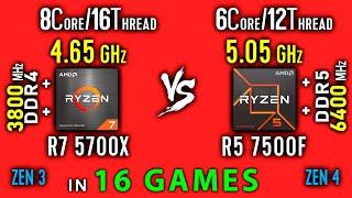 Ryzen 7 5700X vs Ryzen 5 7500F Test in 16 Games or R5 7500F vs R7 5700X