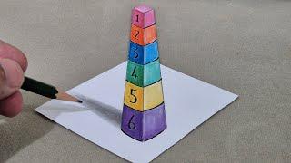 3d drawing toy tower on paper for beginners