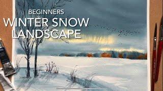 BEGINNERS WINTER SNOW & STORMY SKY Watercolor LANDSCAPE Loose Watercolor PAINTING Techniques demo