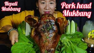 Nepali Eating Show || Pig head delicious , Salad And Vegetables|| Rubi Rai Mukbang ️