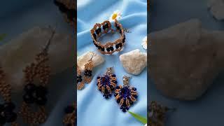 Crystal Party Jewelry / Handmade Gold Earrings and Bracelet / Вечерние украшения с кристаллами