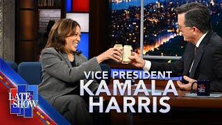 VP Kamala Harris Shares A Miller High Life With Stephen Colbert