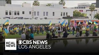 Demonstrators show support for Ukraine during Beverly Hills rally