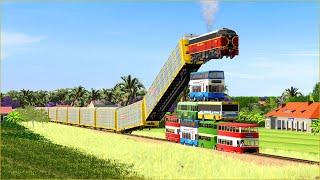 Trains vs Bus Cars #1-Two Train Jumps Over Bus Cars | Trainz Simulator 2019 | indinafuntrain