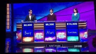 Jeopardy: ALL-STAR GAMES, Double Jeopardy, Larissa Kelly finds the 1st Daily Double (2/21/19)