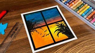 Oil Pastel Drawing - Window Scene Step By Step For Beginners | Evening Scene Drawing with Oil Pastel