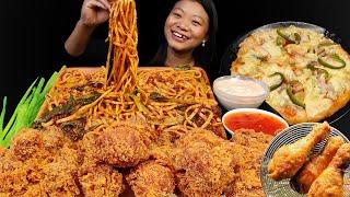 Eating Spicy Keema Noodles, Crunchy Fried Chicken & Cheesy Pizza, Eating Show, Nepali Mukbang