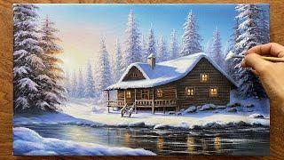 Draw a snowy winter landscape with a house and pine trees / Acrylic landscape painting / A Lu Art.