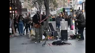 Pigeon dances with the music being played in the street.