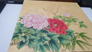 화조도3- 나뭇잎 잎맥/라인 그리기(공필화)(민화)(독학민화) Oriental painting-peony blossoms and bird