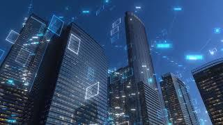 4K 100% Royalty-Free Stock Footage | Modern city buildings with high tech data | No Copyright Video