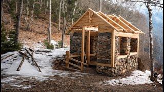 A Man Built a House of STONES and LOGS in the Forest