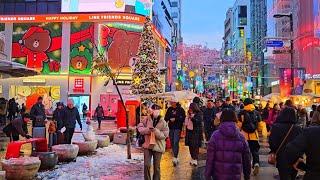 4K Snowfall in Seoul, Korea | Myeongdong Snow Walk -1°C Frozen Winter day