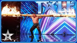 Strongman Tulga carries FLAMING pole by his TEETH | Unforgettable Audition | Britain's Got Talent