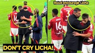 Lisandro Martinez looks emotional as he hugs Ruud van Nistelrooy after sub off vs Leicester