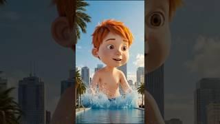 A small child is learning how to swim when suddenly a monkey comes and takes away his water#ai