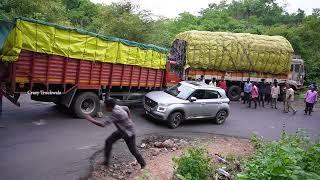 Ghat Road : Cars Crossing Heavy Loaded Truck 12 Tyres Lorry Driving Stopped on Ghat Roads U Turning