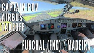 AIRBUS CAPTAIN POV (POINT OF VIEW) TAXIING TAKEOFF + DEPARTURE  FUNCHAL  (FNC) / MADEIRA RUNWAY 23