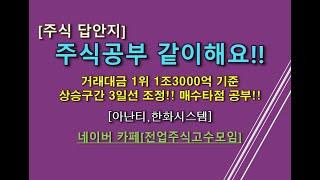 주식공부 같이해요!! '아난티,한화시스템' 거래대금 1위 1조3000억 기준 상승구간 3일선 조정!! 매수타점 공부!! [네이버카페-전업주식고수모임]
