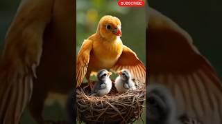 "Golden Moments: Mother Bird and Her Precious Chicks" #birds