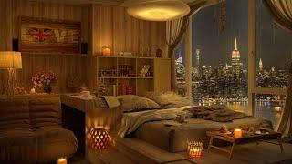 4K Cozy Bedroom - A Rainy Night Sleeping in New York City - Jazz Music for Sleep, Study, Focus, Work