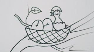 How to draw a bird nest and baby bird hatching/easy drawing step by step