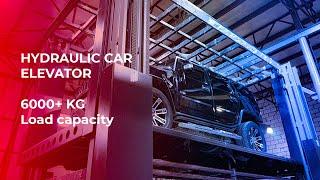 Four post hydraulic car lift with telescopic roof for heavy vehicles.  6000 kg+ load capacity