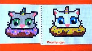 Кот Единорог в Пончике Как рисовать по клеточкам Cat Unicorn in Donut How to Draw Pixel Art