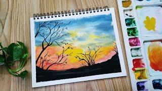 Easy Watercolor SUNSET LANDSCAPE Painting Step by Step for Beginners / Watercolor Tutorial