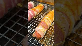 The best bacon wrapped hot dog recipe !  #easyrecipe #hotdog #partyfood #cookout #homemade #bacon