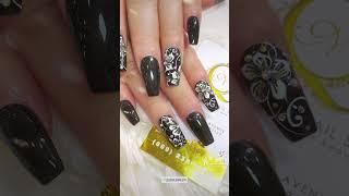 Black Coffin Nail Shape with White Hand Painted Flower floral Design & Rhinestones @queeniesnailspa