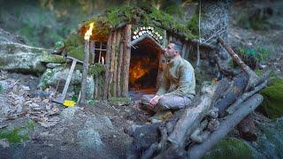 Building Warm and Cozy Bushcraft Dogout for Survival. Log Shelter, Winter Camping