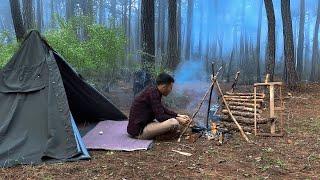 Solo Bushcraft Camping in the Rainforest for Survival - Hot Canvas Tent - Cooking