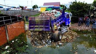 Big Rock Push By Bulldozer D20.xp And Dump Truck For Filling The Pond