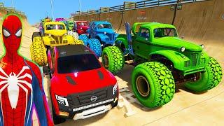 SPIDERMAN CARS Monster Trucks Mega Rampa Challenge ! SUPERHERO HULK Iron Man Goku Racing - GTA V