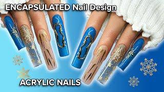 Blue + Gold Snowflake Chrome Acrylic Nails | LONG Square Nail Design | Glitter Planet