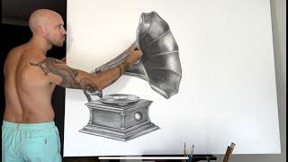 Ashvin Harrison Artist Painting A Gramophone With Charcoal Acrylic And Oil Painting