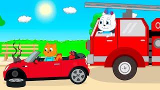 Cats Family in English - Superhero on a fire truck Cats Cartoon for Kids