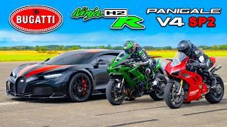 Bugatti Chiron SS vs Kawasaki H2R vs Ducati Panigale SP2: CORRIDA DE ARRANCADA