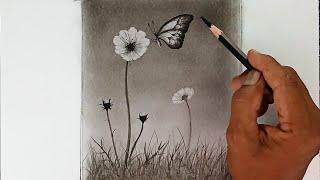 Flower with flying butterfly landscape drawing by pencil.