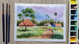 Watercolor Painting of Beautiful Village Landscape Scenery Painting | Paint with David