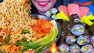 ASMR SPICY KIMCHI NOODLES SOUP, KIMBAP, SPAM MUKBANG MASSIVE Eating Sounds