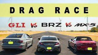 2022 Subaru BRZ vs Mazda MX-5 vs VW Jetta GLI, under 40K car challenge. Drag and Roll Race.