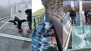 Tourist terrified by new glass walkway that cracks under weight | Funny moment