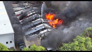 Major 4 Alarm fire in car recycling building Christchurch - by Drone