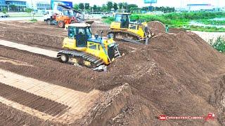 Best Heavy Equipment Operator Shantui DH17c2 Dozer Force Pushing Sand And Dump Truck Pouring Sand