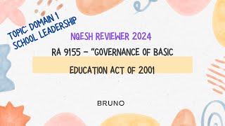 NQESH REVIEWER 2024 Topic: Domain 1 RA 9155  Governance of Basic Educ  Act of 2001